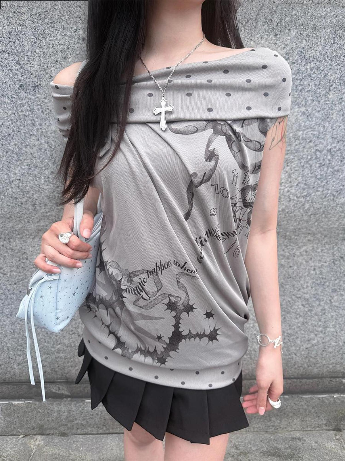 HEMOGLOBIN Gray Polka Dot Letter Print Loose Fit Open Back Women&