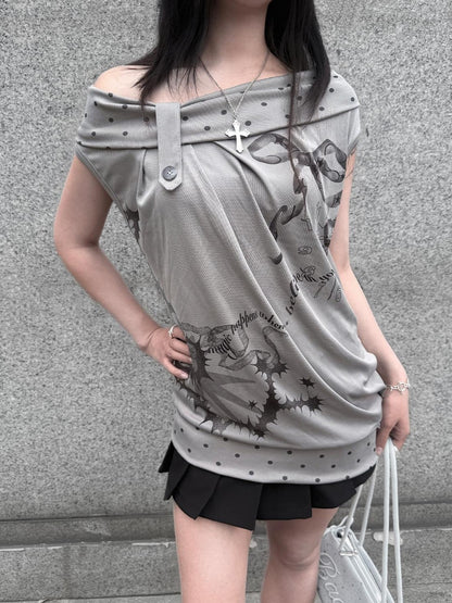 HEMOGLOBIN Gray Polka Dot Letter Print Loose Fit Open Back Women&