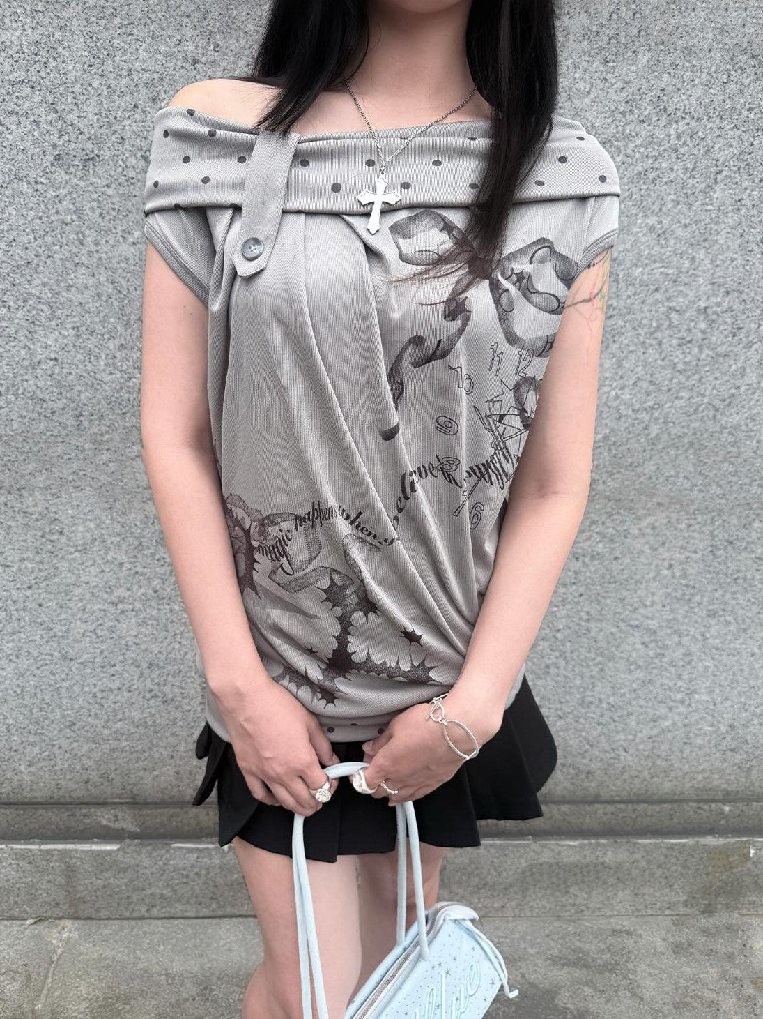HEMOGLOBIN Gray Polka Dot Letter Print Loose Fit Open Back Women&