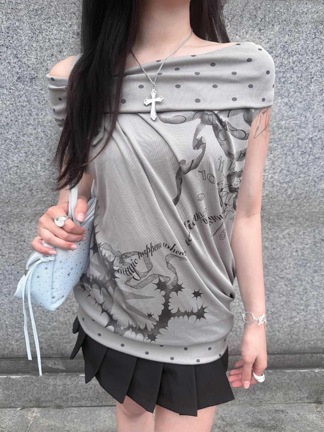 HEMOGLOBIN Gray Polka Dot Letter Print Loose Fit Open Back Women&