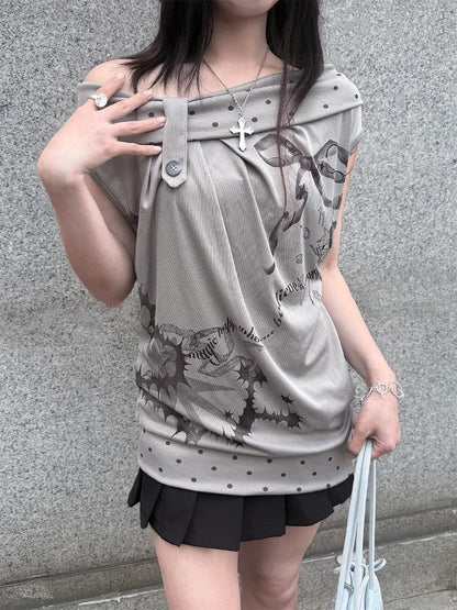 HEMOGLOBIN Gray Polka Dot Letter Print Loose Fit Open Back Women&