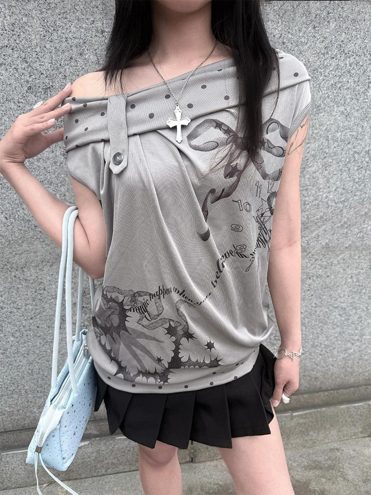 HEMOGLOBIN Gray Polka Dot Letter Print Loose Fit Open Back Women&