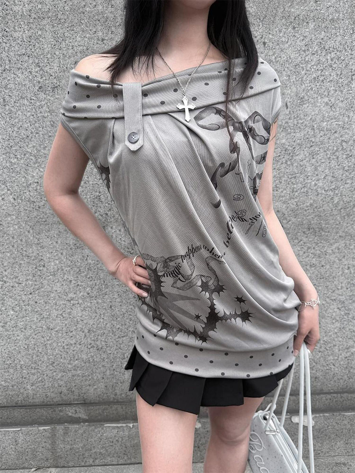 HEMOGLOBIN Gray Polka Dot Letter Print Loose Fit Open Back Women&