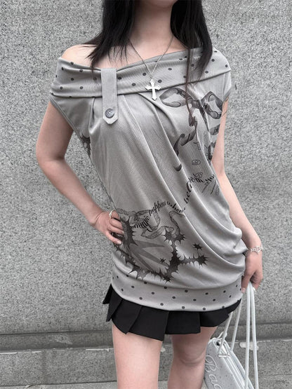 HEMOGLOBIN Gray Polka Dot Letter Print Loose Fit Open Back Women&
