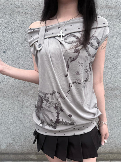 HEMOGLOBIN Gray Polka Dot Letter Print Loose Fit Open Back Women&
