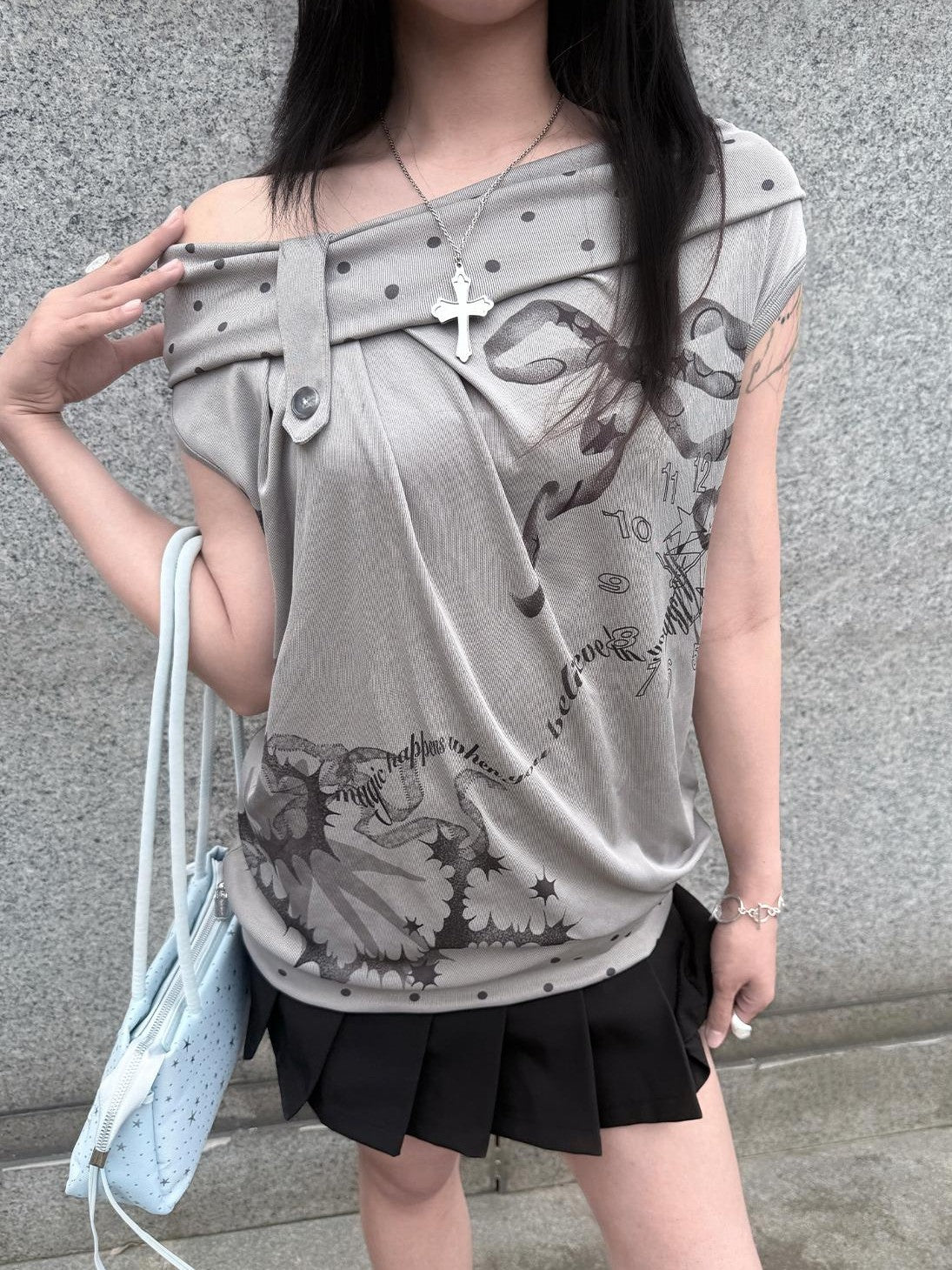 HEMOGLOBIN Gray Polka Dot Letter Print Loose Fit Open Back Women&