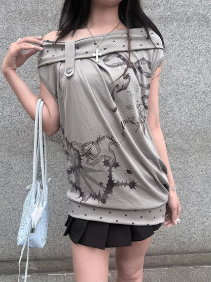 HEMOGLOBIN Gray Polka Dot Letter Print Loose Fit Open Back Women&