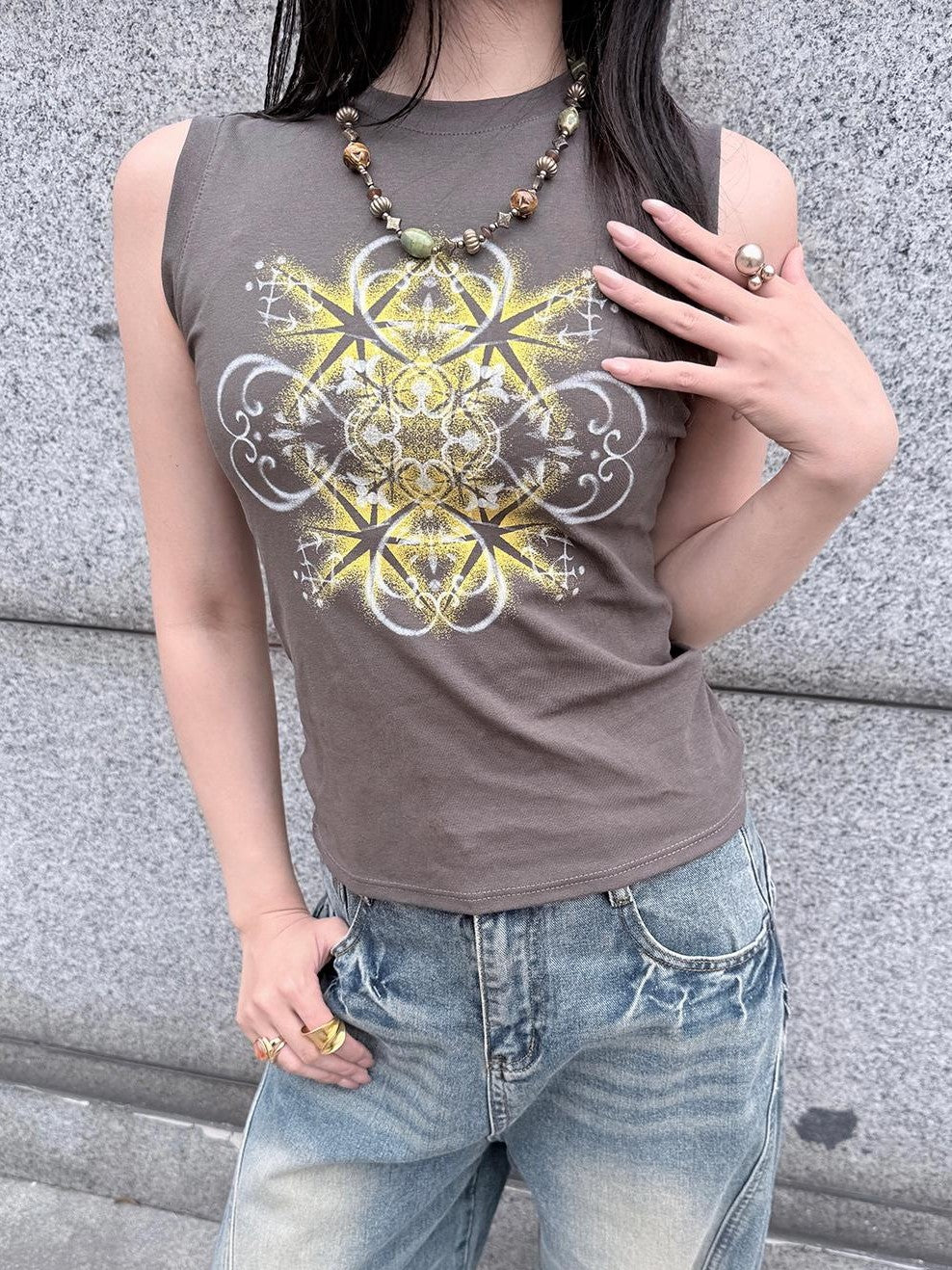 HEMOGLOBIN Grey Geometric Print Loose Cotton Crew Neck Women&