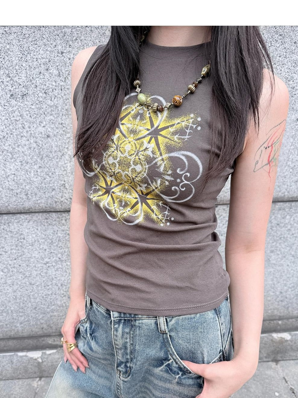 HEMOGLOBIN Grey Geometric Print Loose Cotton Crew Neck Women&