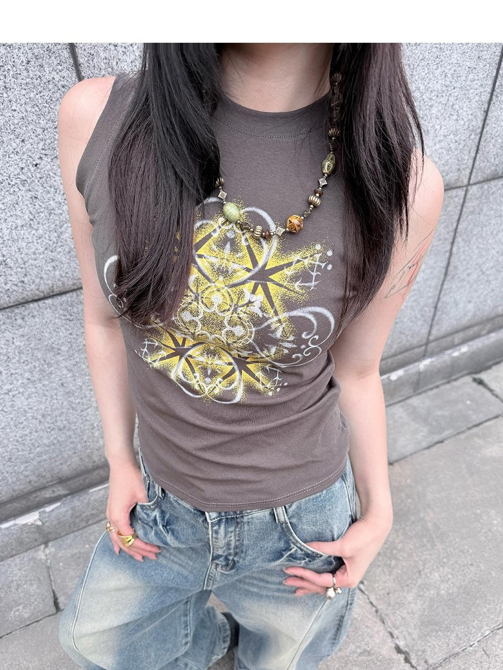 HEMOGLOBIN Grey Geometric Print Loose Cotton Crew Neck Women&
