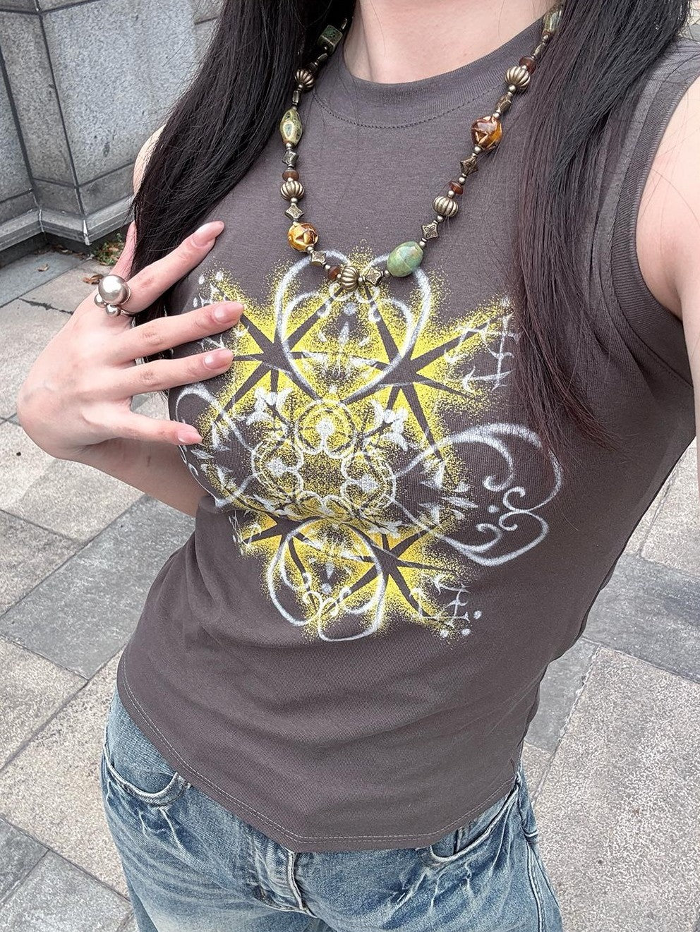 HEMOGLOBIN Grey Geometric Print Loose Cotton Crew Neck Women&