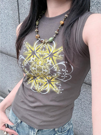 HEMOGLOBIN Grey Geometric Print Loose Cotton Crew Neck Women&