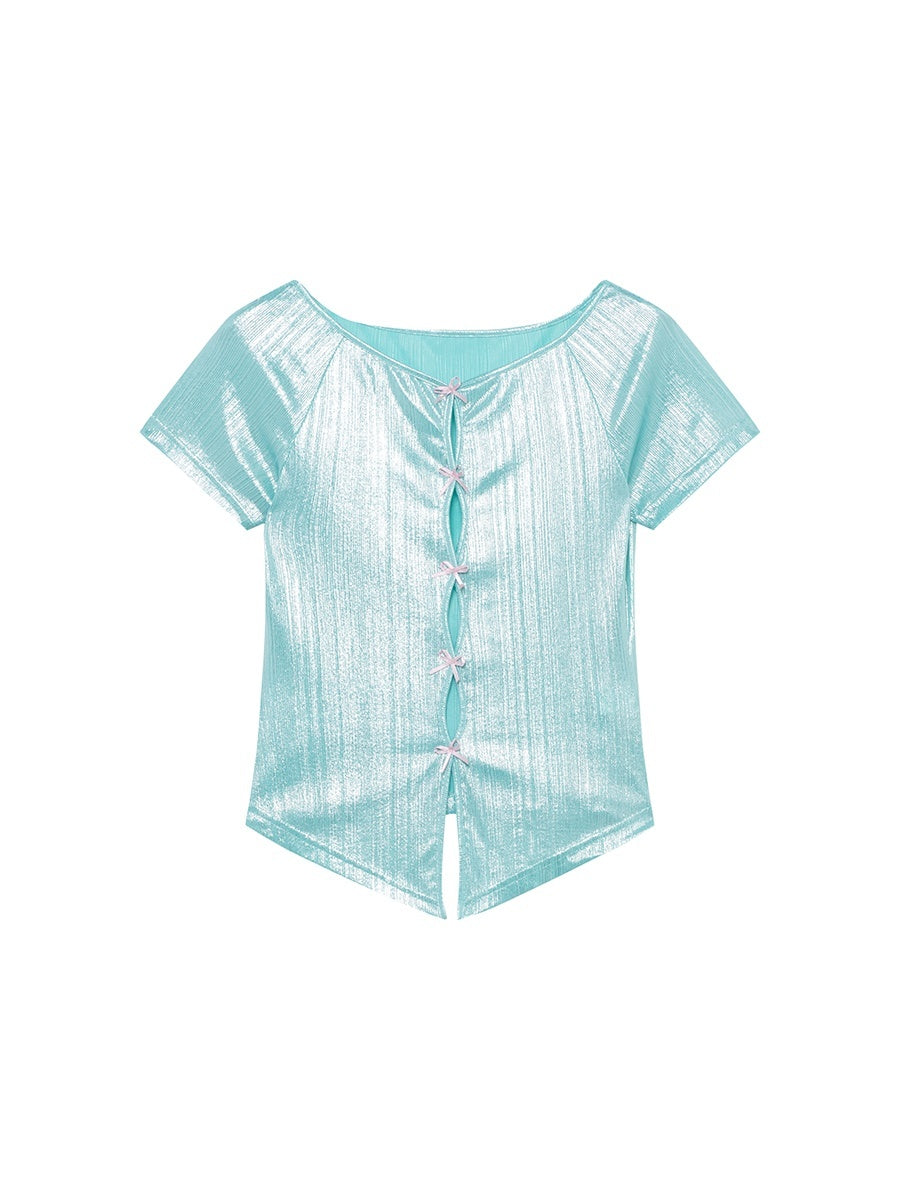 HEMOGLOBIN_Hollow_Bow_Short_Sleeve_Round_Neck_Pink_Blue_Women&