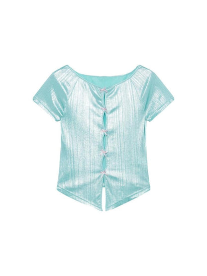 HEMOGLOBIN Hollow Bow Short Sleeve Round Neck Pink Blue Women&