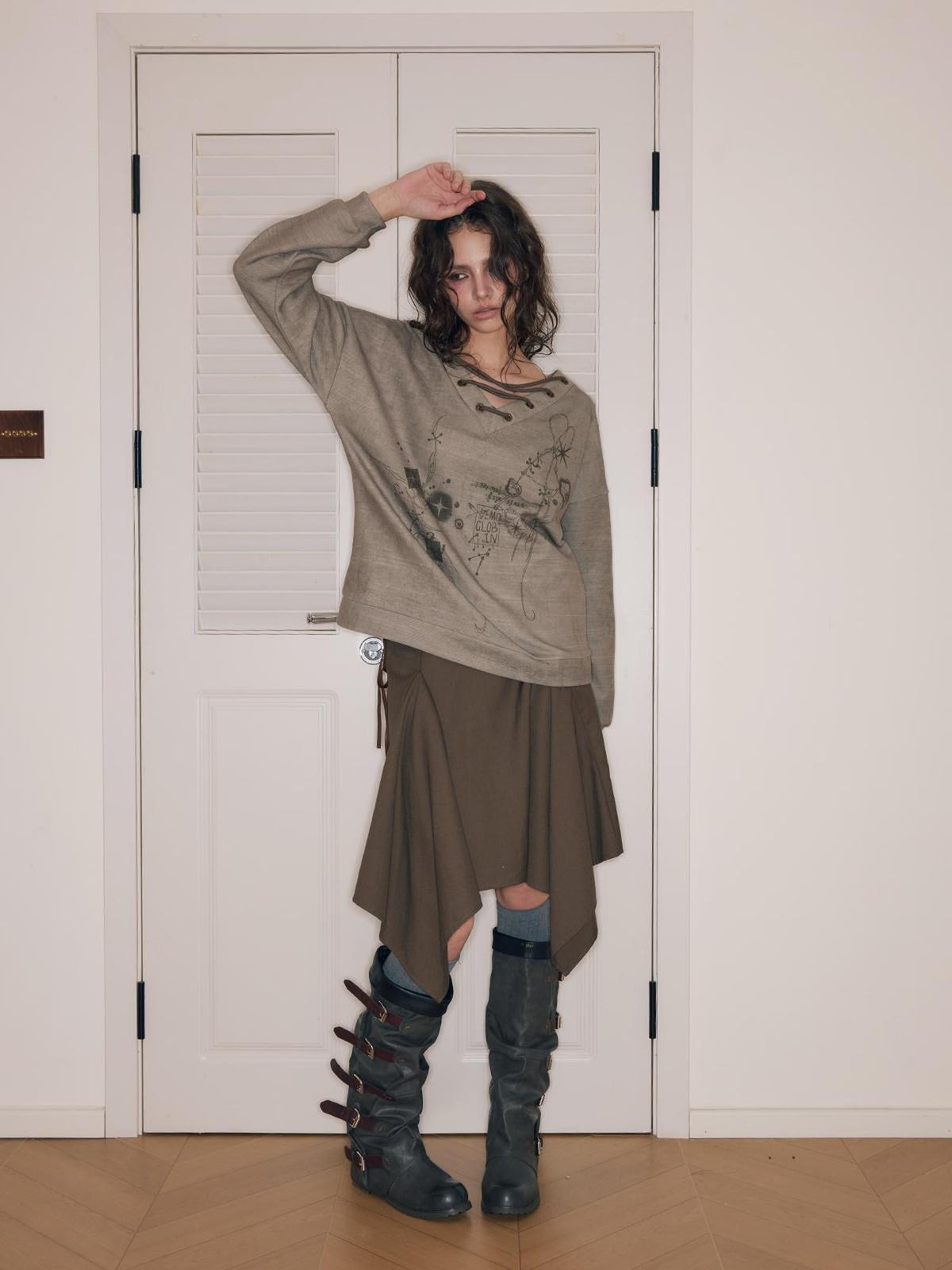 HEMOGLOBIN Metal String Lace Up Print Loose Women&