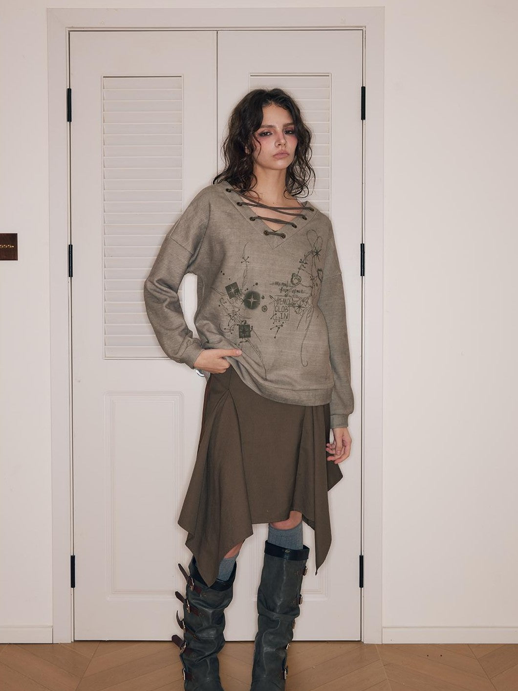 HEMOGLOBIN Metal String Lace Up Print Loose Women&