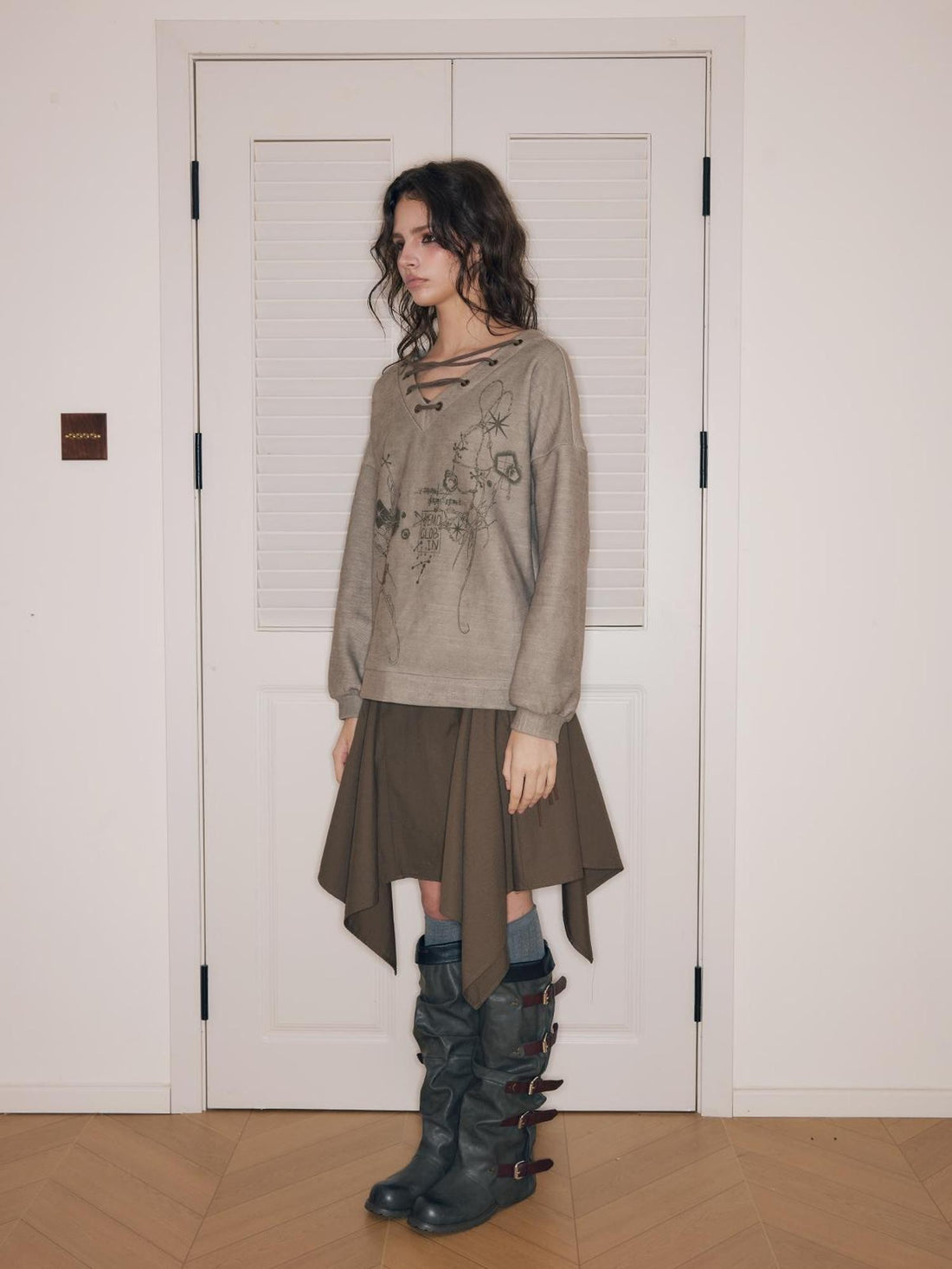 HEMOGLOBIN Metal String Lace Up Print Loose Women&