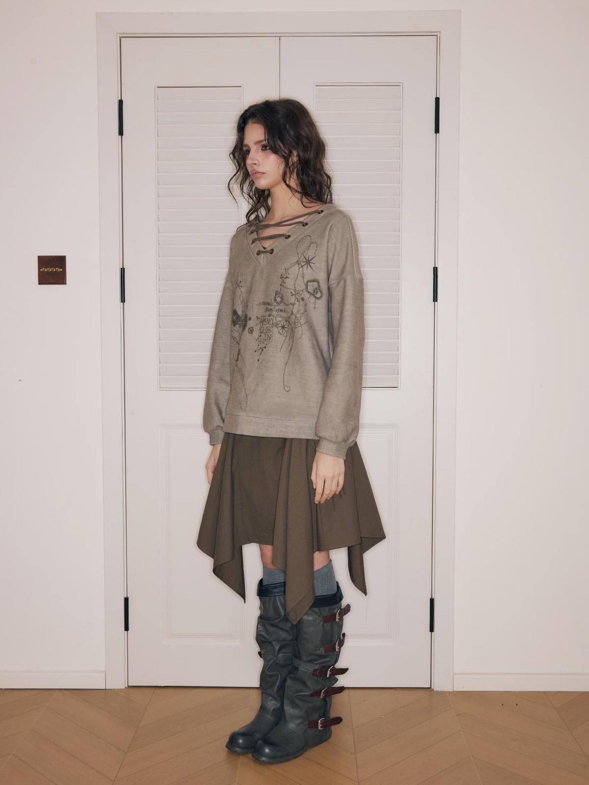 HEMOGLOBIN Metal String Lace Up Print Loose Women&