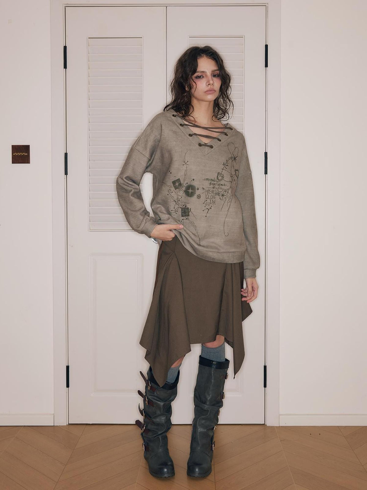HEMOGLOBIN Metal String Lace Up Print Loose Women&