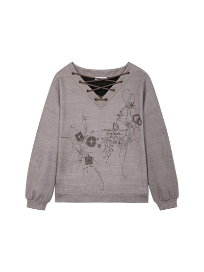 HEMOGLOBIN Metal String Lace Up Print Loose Women&