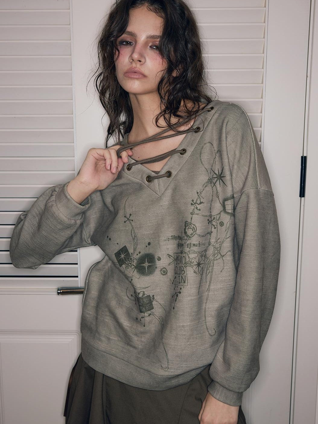 HEMOGLOBIN Metal String Lace Up Print Loose Women&
