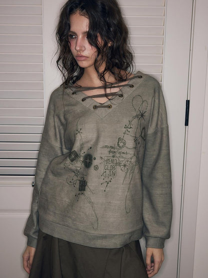 HEMOGLOBIN Metal String Lace Up Print Loose Women&