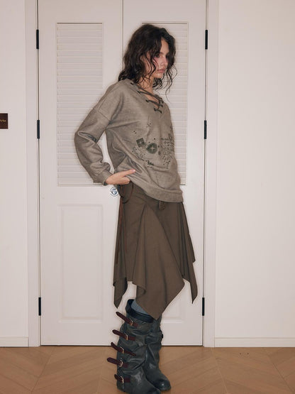 HEMOGLOBIN Metal String Lace Up Print Loose Women&