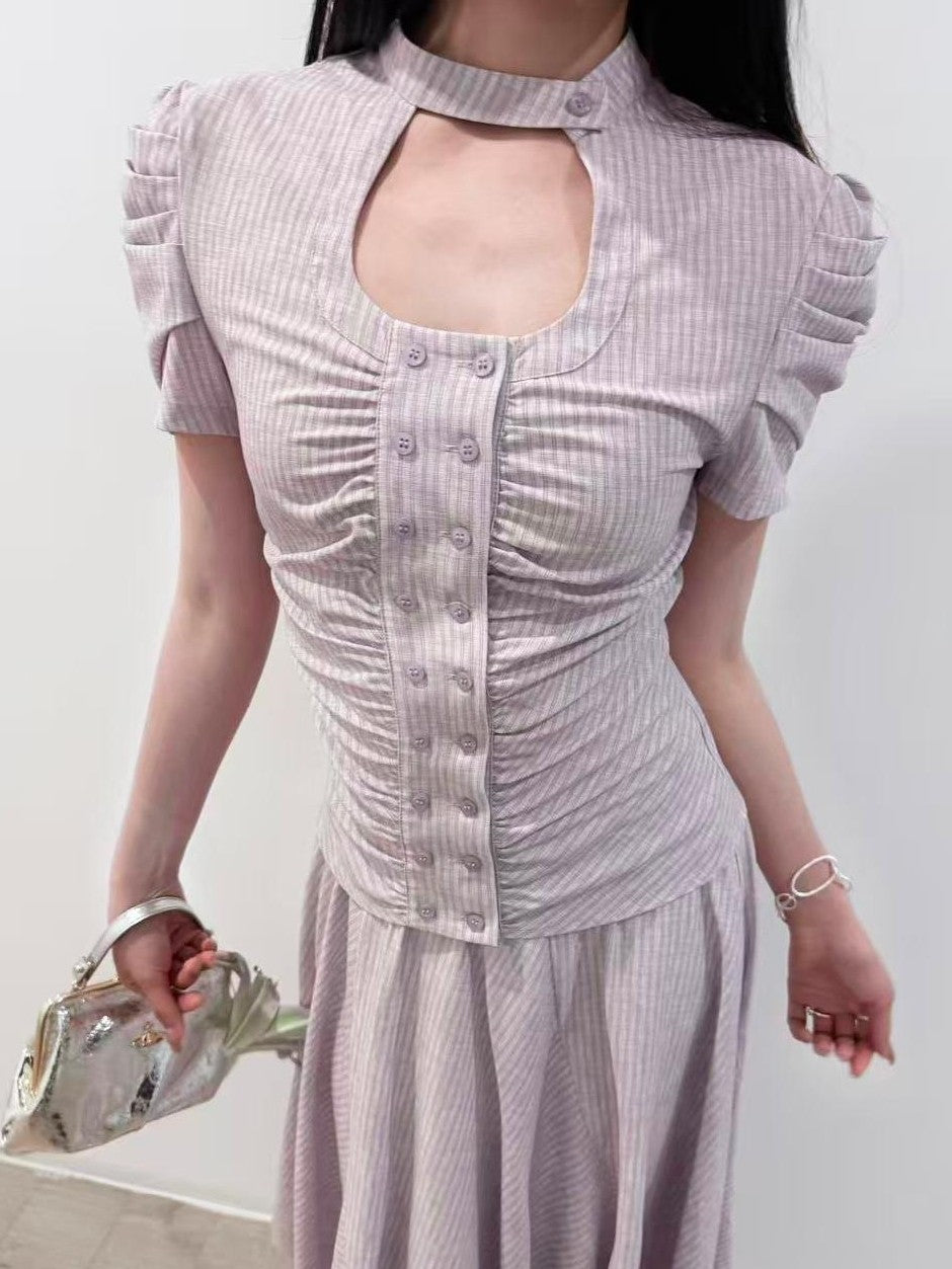 HEMOGLOBIN Pleated Striped Preppy Slim Fit Women&
