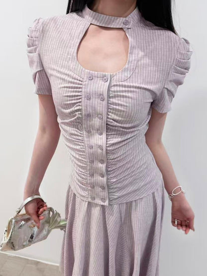 HEMOGLOBIN Pleated Striped Preppy Slim Fit Women&