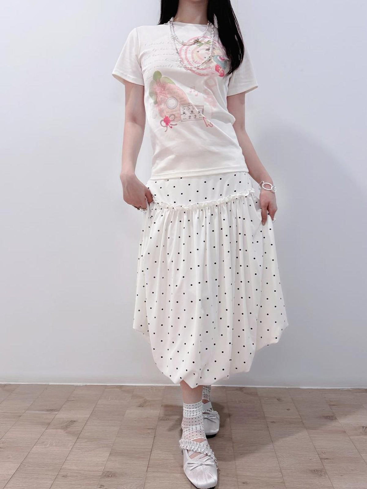 Polka Dot White Print Bubble Hem Loose Fit Women&
