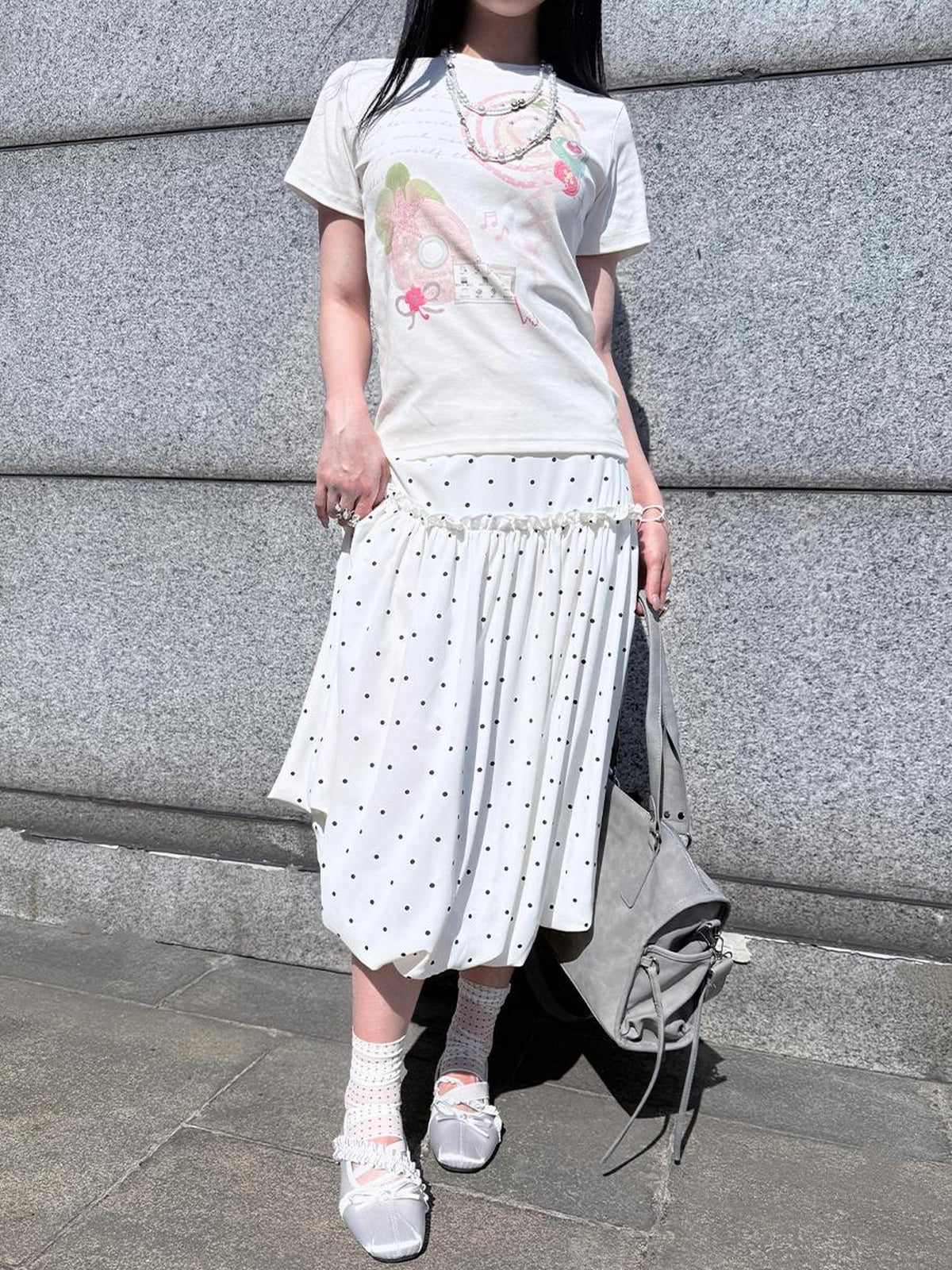 Polka Dot White Print Bubble Hem Loose Fit Women&