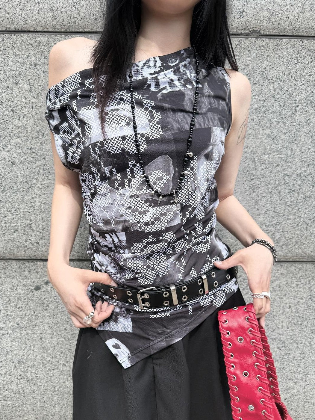 HEMOGLOBIN Print Asymmetric One Shoulder Slim Fit Women&