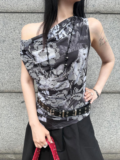 HEMOGLOBIN Print Asymmetric One Shoulder Slim Fit Women&