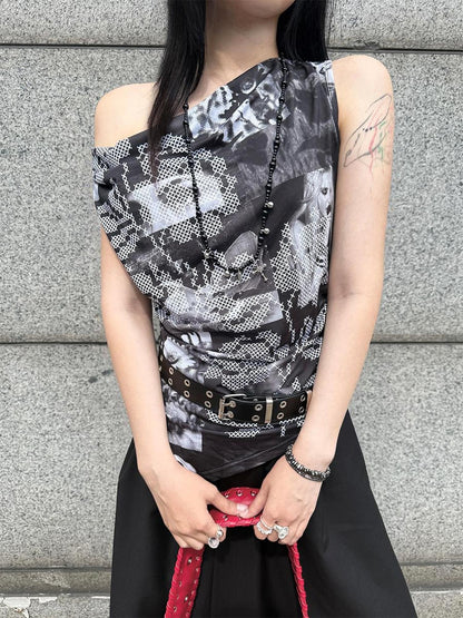 HEMOGLOBIN Print Asymmetric One Shoulder Slim Fit Women&