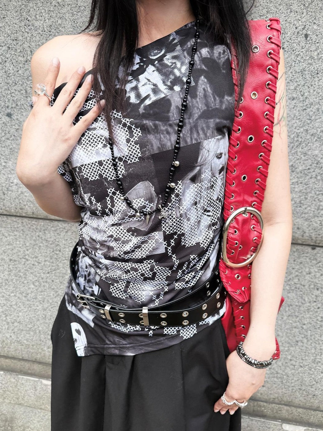 HEMOGLOBIN Print Asymmetric One Shoulder Slim Fit Women&