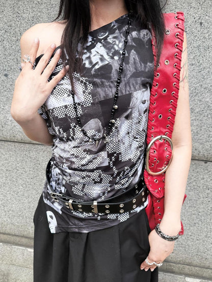 HEMOGLOBIN Print Asymmetric One Shoulder Slim Fit Women&