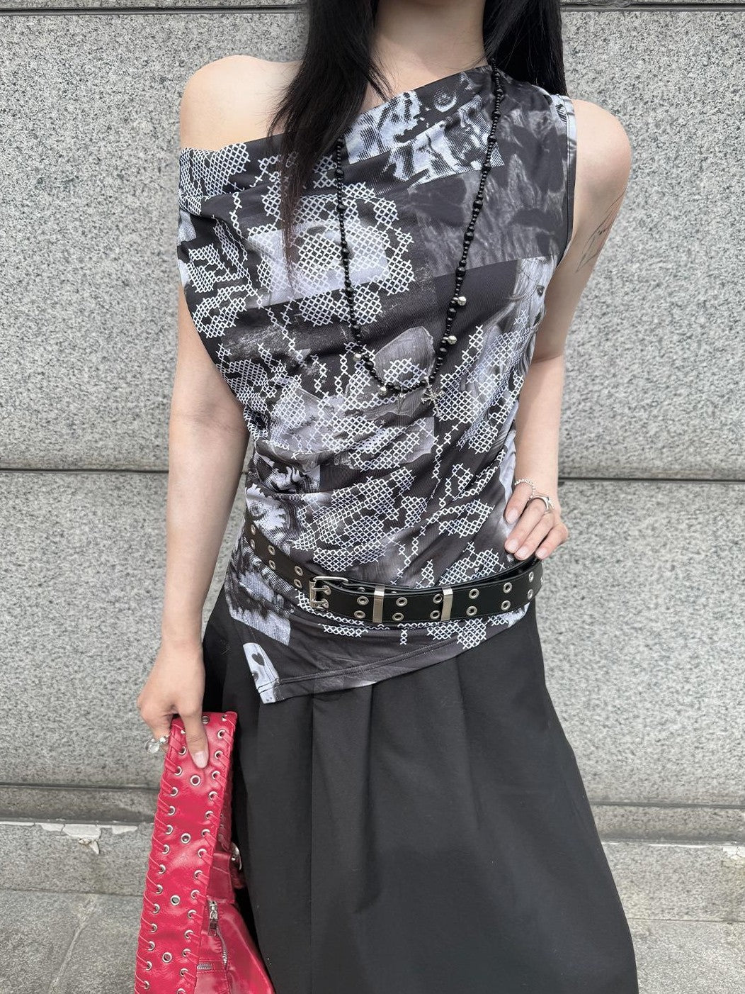HEMOGLOBIN Print Asymmetric One Shoulder Slim Fit Women&