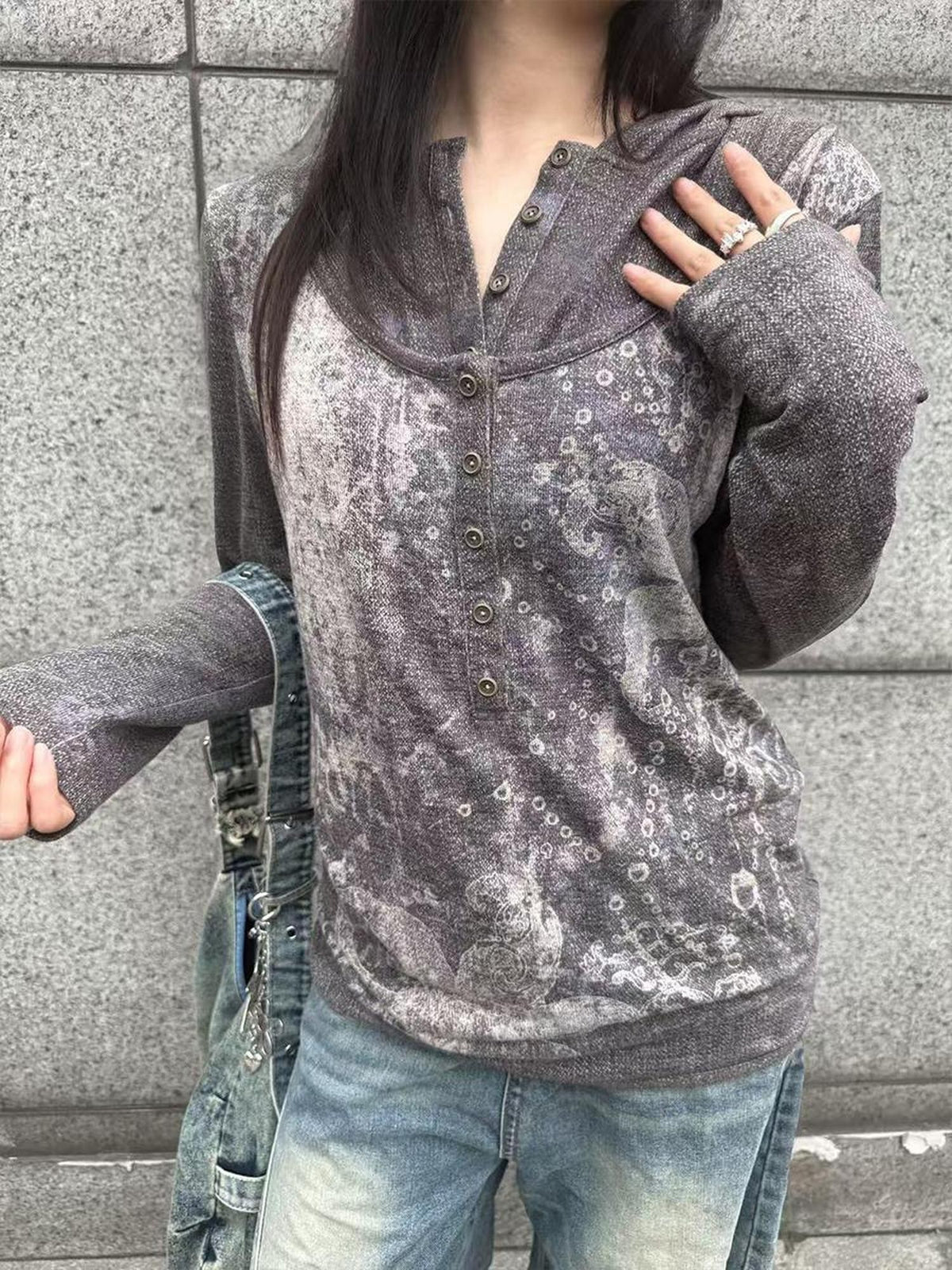HEMOGLOBIN Print Faux Layered Button Women&