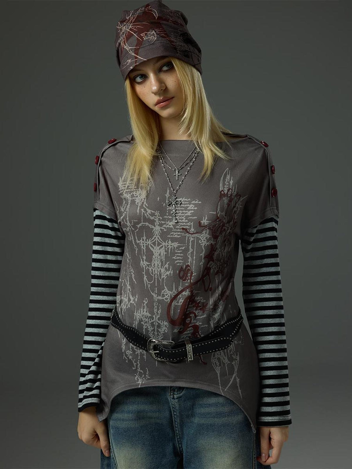 HEMOGLOBIN Print Grey Red Color Block Striped Women&