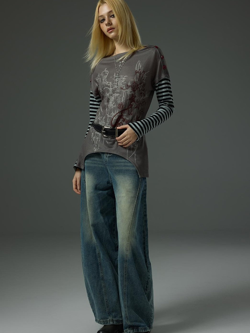 HEMOGLOBIN Print Grey Red Color Block Striped Women&