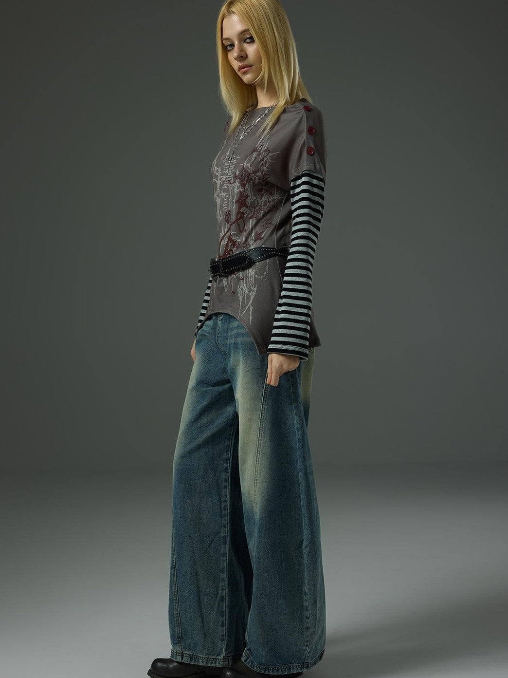 HEMOGLOBIN Print Grey Red Color Block Striped Women&