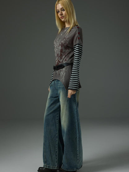 HEMOGLOBIN Print Grey Red Color Block Striped Women&