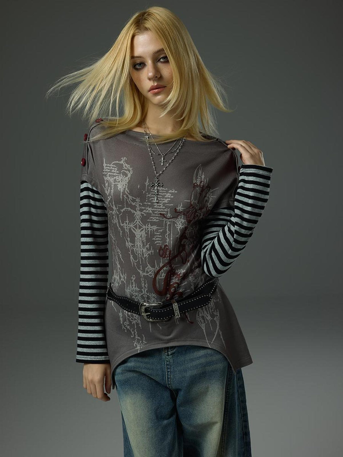 HEMOGLOBIN Print Grey Red Color Block Striped Women&