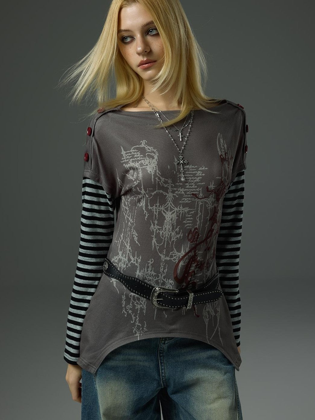 HEMOGLOBIN Print Grey Red Color Block Striped Women&