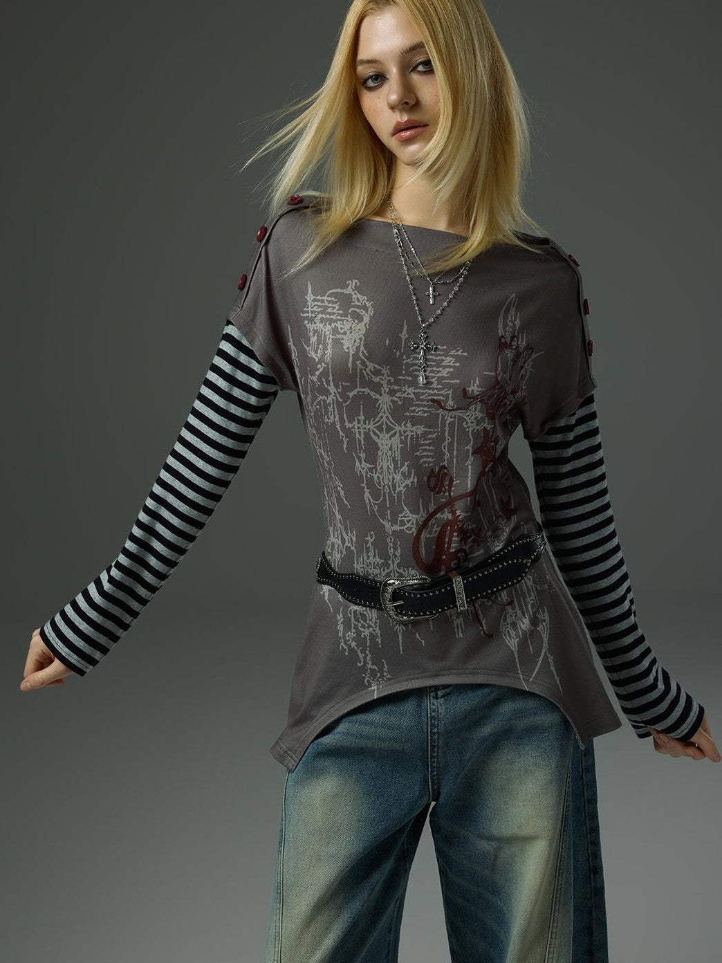 HEMOGLOBIN Print Grey Red Color Block Striped Women&