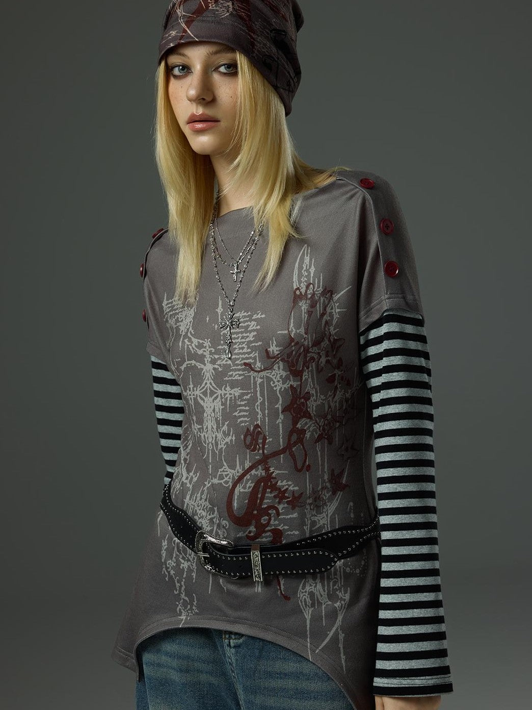 HEMOGLOBIN Print Grey Red Color Block Striped Women&