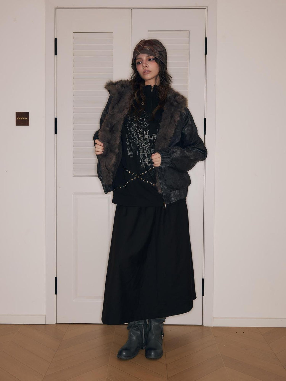 HEMOGLOBIN Punk Print Fur Collar Lapel Loose Fit Polyester Women&