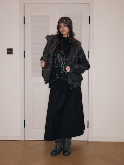 HEMOGLOBIN Punk Print Fur Collar Lapel Loose Fit Polyester Women&