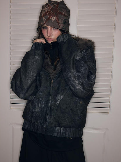 HEMOGLOBIN Punk Print Fur Collar Lapel Loose Fit Polyester Women&