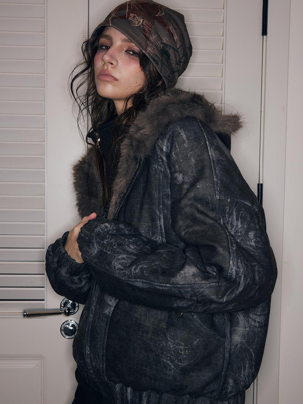 HEMOGLOBIN Punk Print Fur Collar Lapel Loose Fit Polyester Women&